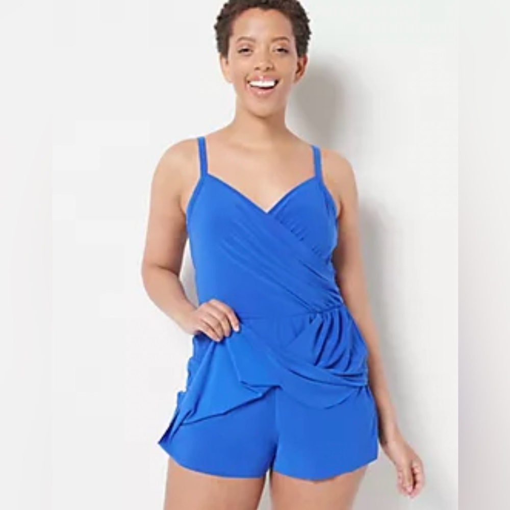 DreamShaper Miraclesuit Ruby Swim Romper Size 12 Blue Tummy Control NWT